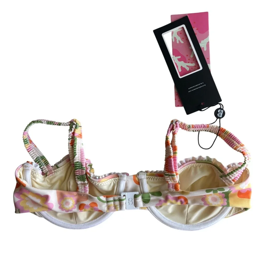 Blackbough Swim Groovy Floral Balconette Bikini Top Ruffle Retro Multi Small